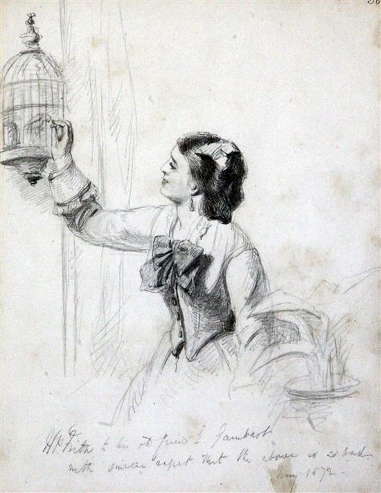 William Powell Frith (1819-1909) Study of a lady with a cagebird 8.25 x 6.5in.